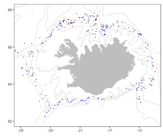 Fundarstaðir órækju við Ísland. Rauðir punktar eru úr trolli, svartir úr skjóðu og bláir úr fæðusýnum. Línurnar sýna 200, 500 og 1000 m dýptarlínur.